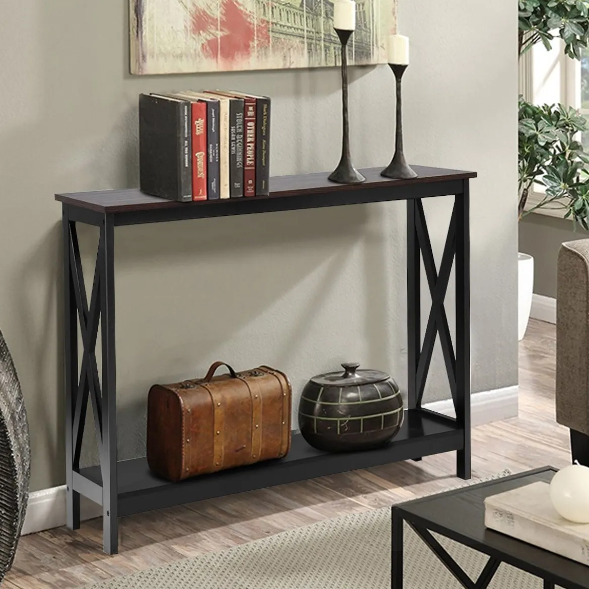 X-förmiger Schmaler Konsolentisch mit 2 Etagen 100 x 30 x 80 cm Braun+Schwarz