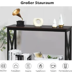 X-förmiger Schmaler Konsolentisch mit 2 Etagen 100 x 30 x 80 cm Braun+Schwarz