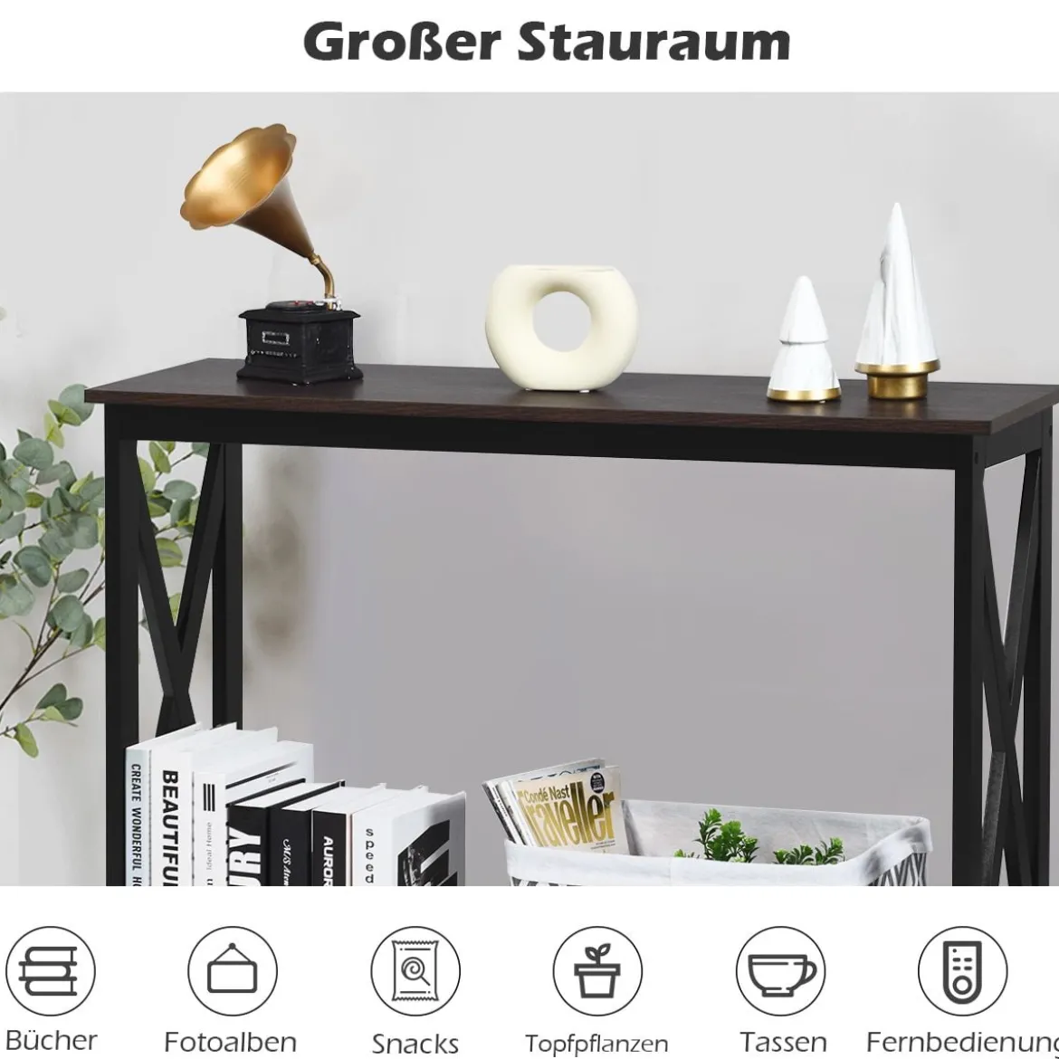X-förmiger Schmaler Konsolentisch mit 2 Etagen 100 x 30 x 80 cm Braun+Schwarz