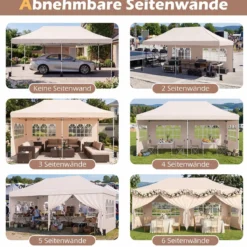 3x6 m Faltpavillon mit 4 Seitenwänden Höhenverstellbarer Gartenpavillon Pop-Up Pavillon Beige/Weiß