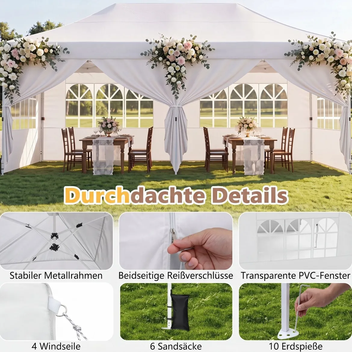 3x6 m Faltpavillon mit 4 Seitenwänden Höhenverstellbarer Gartenpavillon Pop-Up Pavillon Beige/Weiß