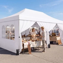 3x6 m Faltpavillon mit 4 Seitenwänden Höhenverstellbarer Gartenpavillon Pop-Up Pavillon Beige/Weiß