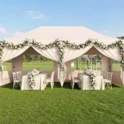 3x6 m Faltpavillon mit 4 Seitenwänden Höhenverstellbarer Gartenpavillon Pop-Up Pavillon Beige/Weiß