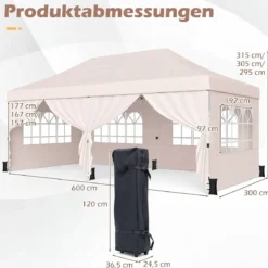 3x6 m Faltpavillon mit 4 Seitenwänden Höhenverstellbarer Gartenpavillon Pop-Up Pavillon Beige/Weiß