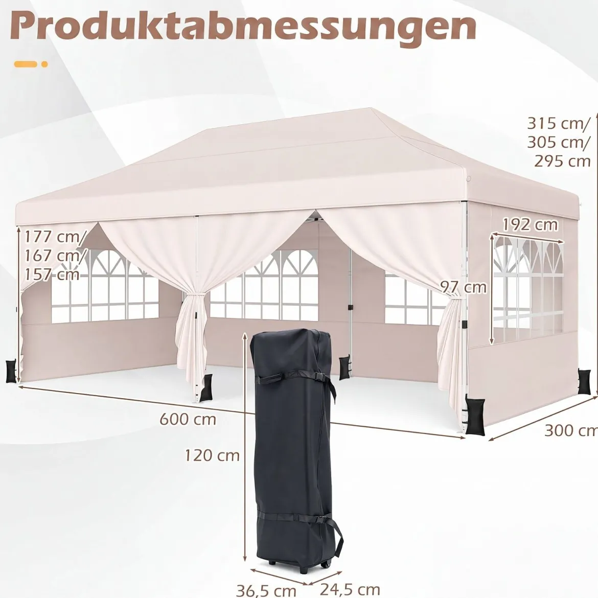 3x6 m Faltpavillon mit 4 Seitenwänden Höhenverstellbarer Gartenpavillon Pop-Up Pavillon Beige/Weiß