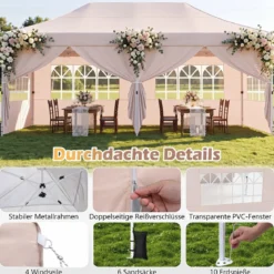 3x6 m Faltpavillon mit 4 Seitenwänden Höhenverstellbarer Gartenpavillon Pop-Up Pavillon Beige/Weiß