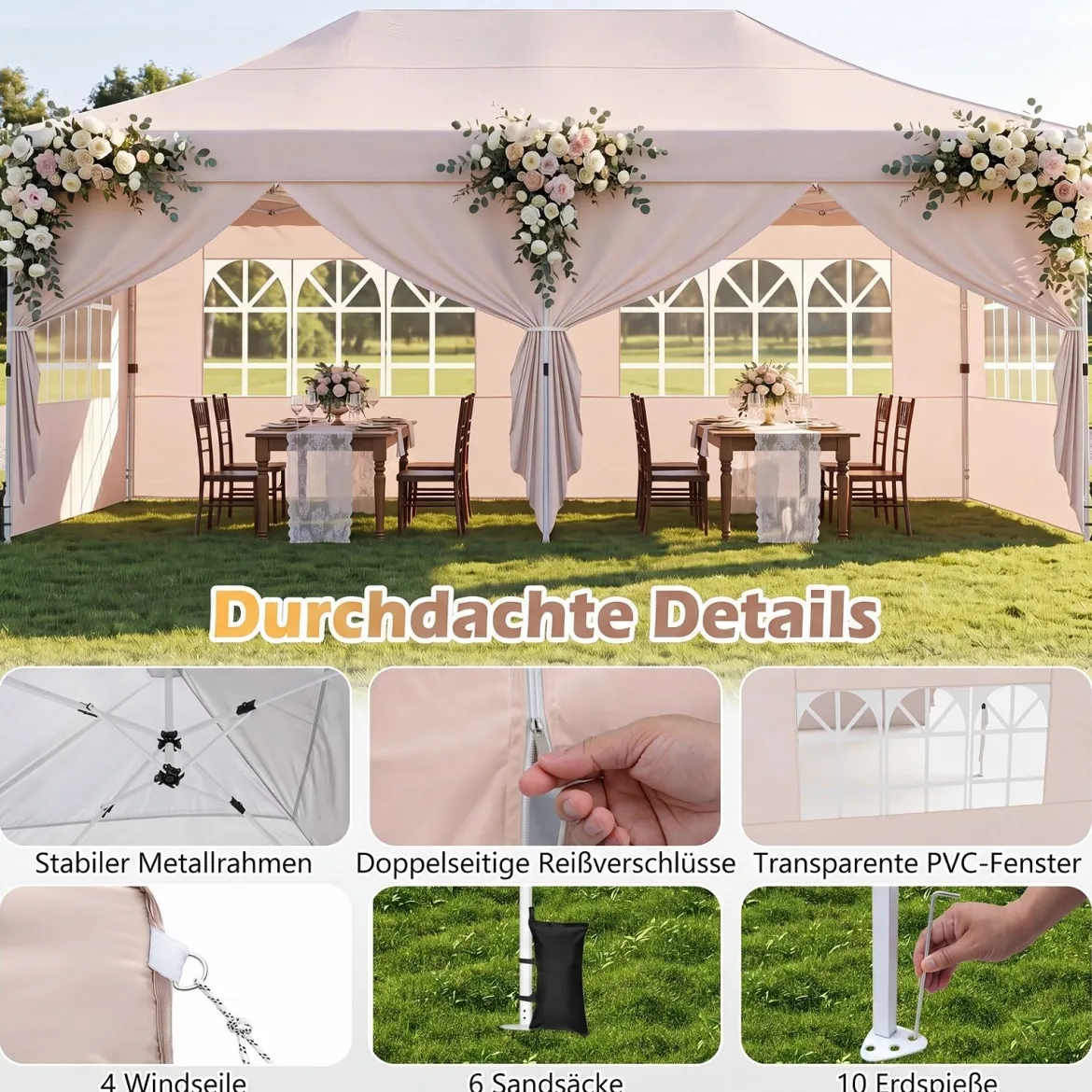 3x6 m Faltpavillon mit 4 Seitenwänden Höhenverstellbarer Gartenpavillon Pop-Up Pavillon Beige/Weiß