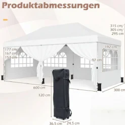 3x6 m Faltpavillon mit 4 Seitenwänden Höhenverstellbarer Gartenpavillon Pop-Up Pavillon Beige/Weiß