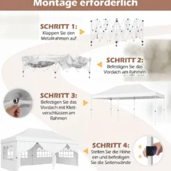 3x6 m Faltpavillon mit 4 Seitenwänden Höhenverstellbarer Gartenpavillon Pop-Up Pavillon Beige/Weiß