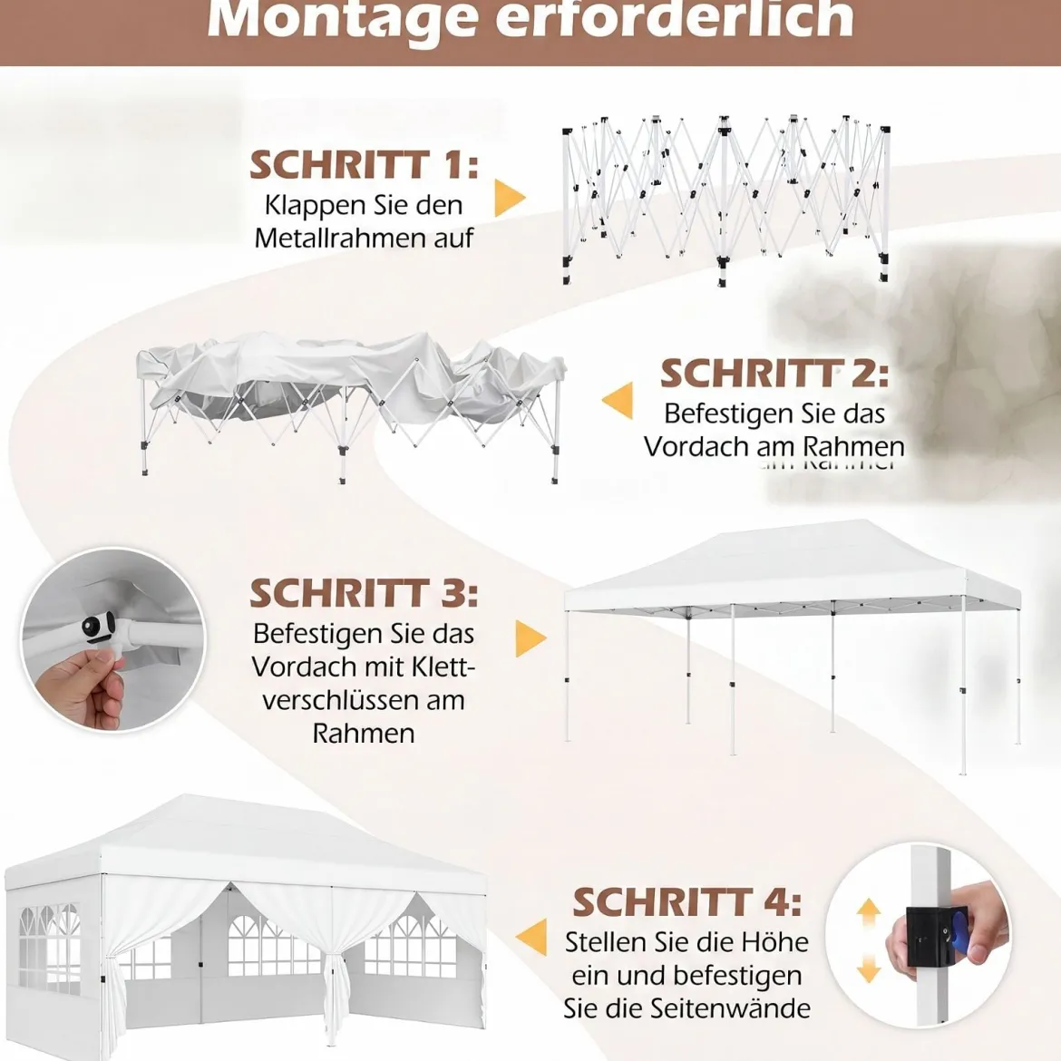 3x6 m Faltpavillon mit 4 Seitenwänden Höhenverstellbarer Gartenpavillon Pop-Up Pavillon Beige/Weiß