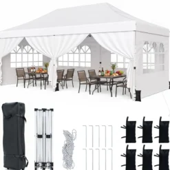 3x6 m Faltpavillon mit 4 Seitenwänden Höhenverstellbarer Gartenpavillon Pop-Up Pavillon Beige/Weiß