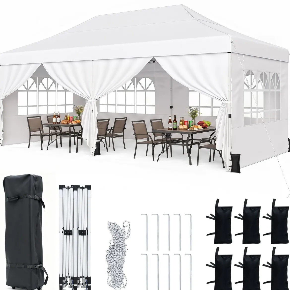 3x6 m Faltpavillon mit 4 Seitenwänden Höhenverstellbarer Gartenpavillon Pop-Up Pavillon Beige/Weiß
