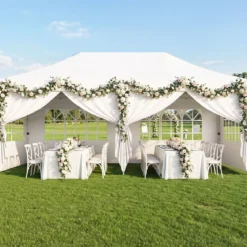3x6 m Faltpavillon mit 4 Seitenwänden Höhenverstellbarer Gartenpavillon Pop-Up Pavillon Beige/Weiß