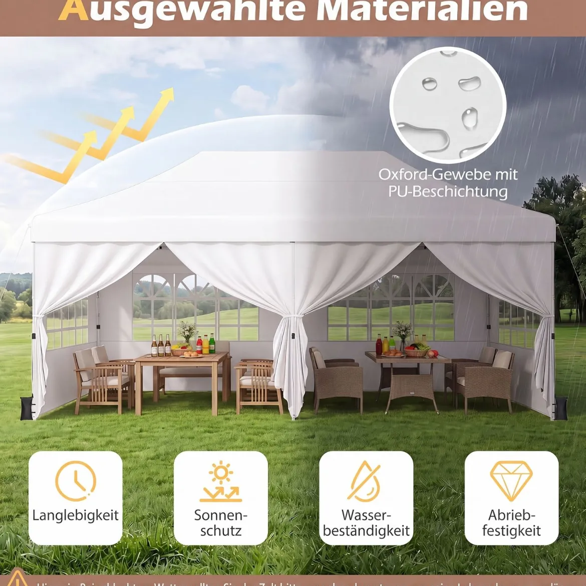 3x6 m Faltpavillon mit 4 Seitenwänden Höhenverstellbarer Gartenpavillon Pop-Up Pavillon Beige/Weiß