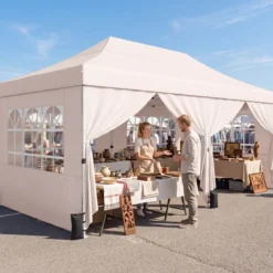 3x6 m Faltpavillon mit 4 Seitenwänden Höhenverstellbarer Gartenpavillon Pop-Up Pavillon Beige/Weiß