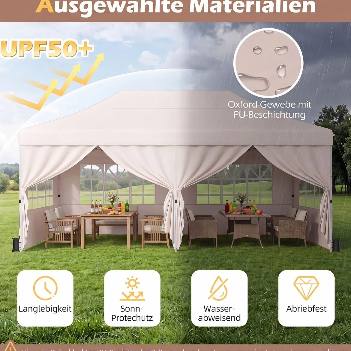 3x6 m Faltpavillon mit 4 Seitenwänden Höhenverstellbarer Gartenpavillon Pop-Up Pavillon Beige/Weiß