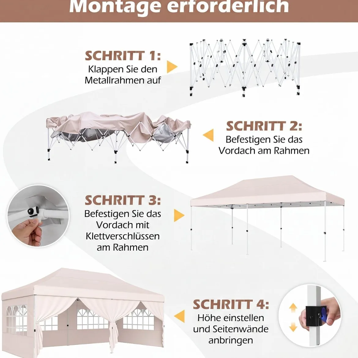 3x6 m Faltpavillon mit 4 Seitenwänden Höhenverstellbarer Gartenpavillon Pop-Up Pavillon Beige/Weiß
