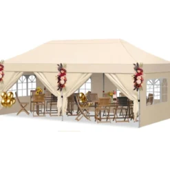 3x6 m Faltpavillon mit 4 Seitenwänden Höhenverstellbarer Gartenpavillon Pop-Up Pavillon Beige/Weiß