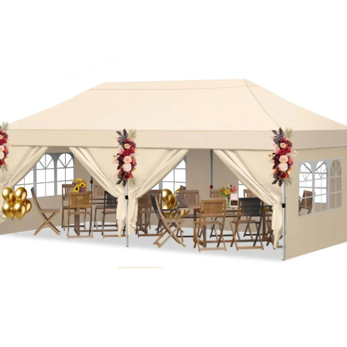 3x6 m Faltpavillon mit 4 Seitenwänden Höhenverstellbarer Gartenpavillon Pop-Up Pavillon Beige/Weiß