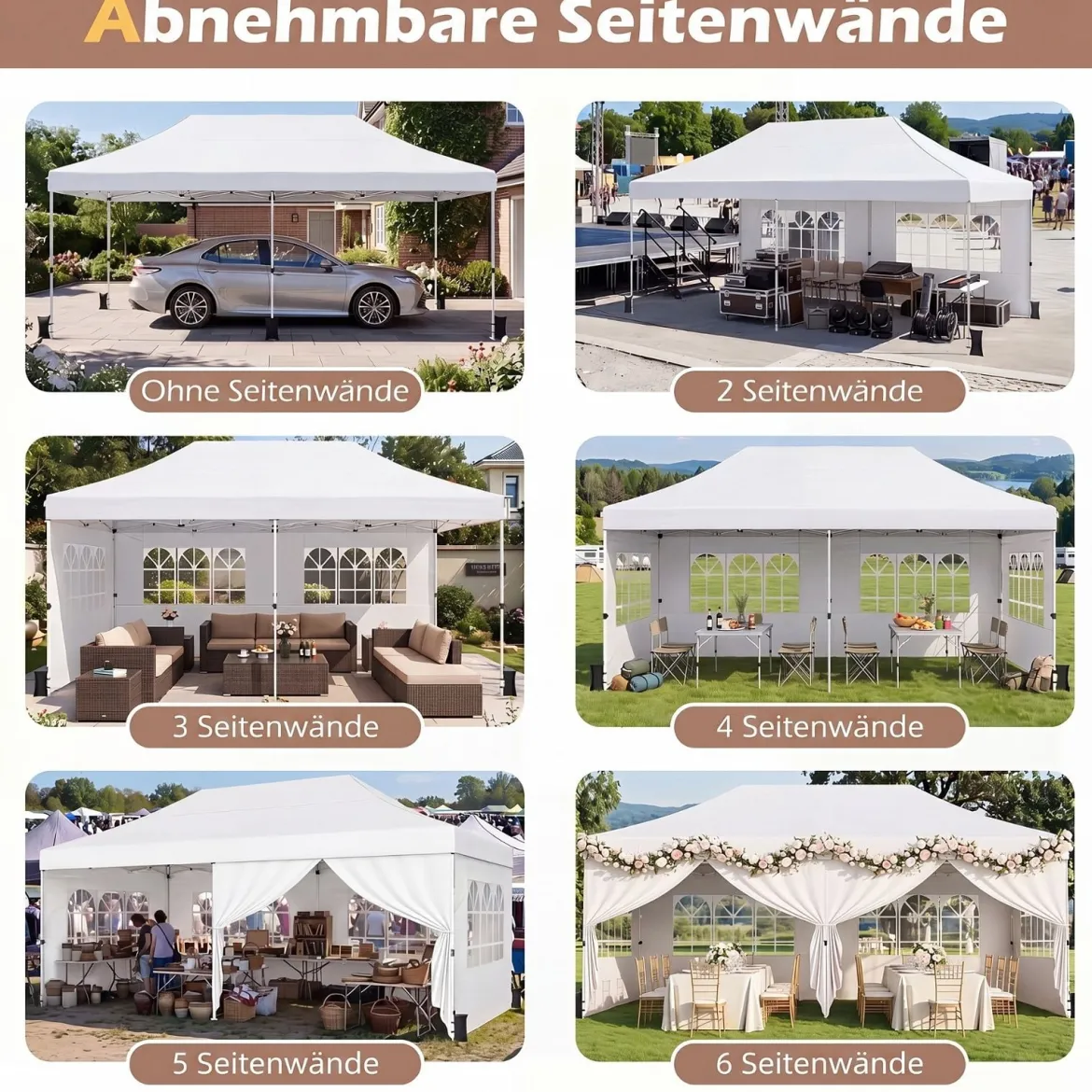 3x6 m Faltpavillon mit 4 Seitenwänden Höhenverstellbarer Gartenpavillon Pop-Up Pavillon Beige/Weiß