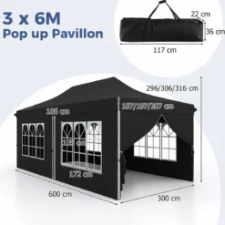 3 x 6 m Pavillon Faltpavillon mit 6 abnehmbaren Seitenwänden & Sandsäcke