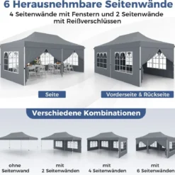 3 x 6m Pavillon Faltpavillon mit 6 Abnehmbaren Seitenwänden Höhenverstellbarer Partyzelt Grau
