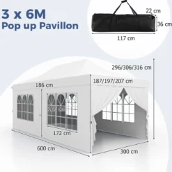 3 x 6m Pavillon Faltpavillon mit 6 Abnehmbaren Seitenwänden Höhenverstellbarer Partyzelt Weiß