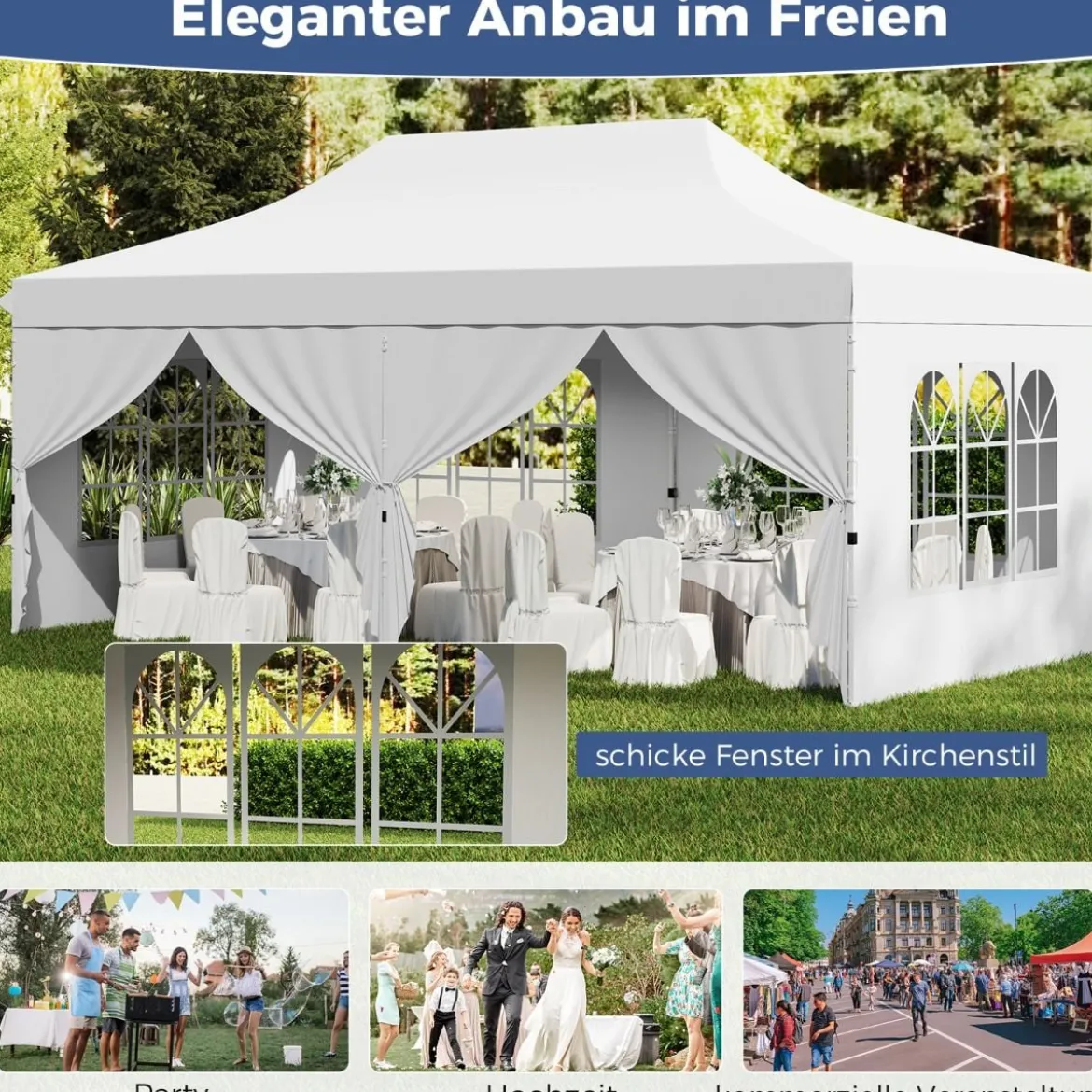 3 x 6m Pavillon Faltpavillon mit 6 Abnehmbaren Seitenwänden Höhenverstellbarer Partyzelt Weiß