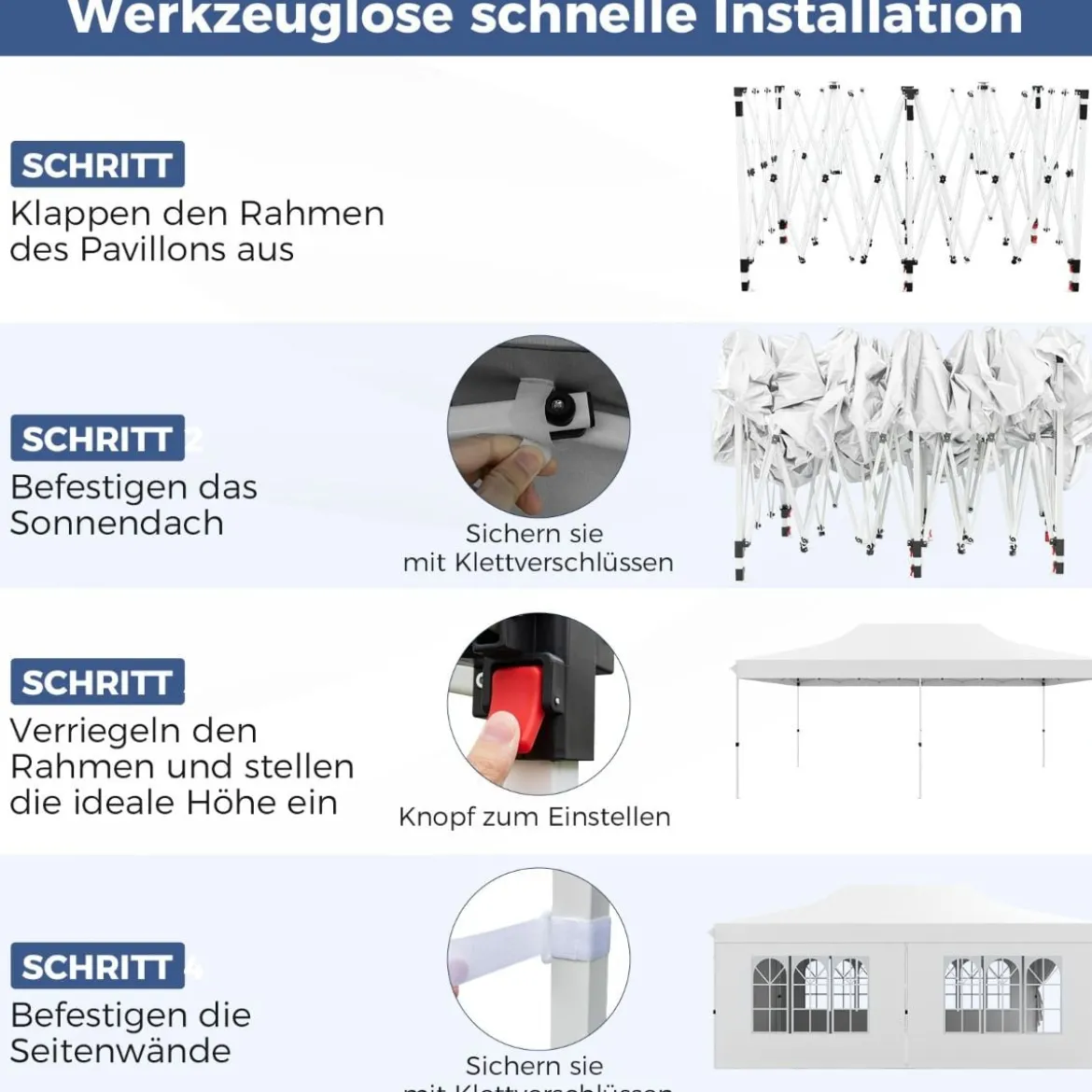3 x 6m Pavillon Faltpavillon mit 6 Abnehmbaren Seitenwänden Höhenverstellbarer Partyzelt Weiß