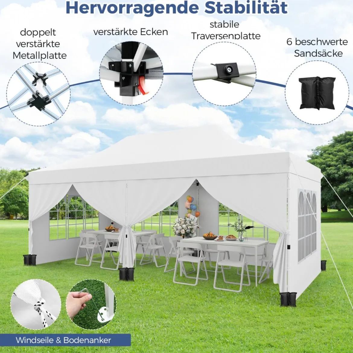 3 x 6m Pavillon Faltpavillon mit 6 Abnehmbaren Seitenwänden Höhenverstellbarer Partyzelt Weiß