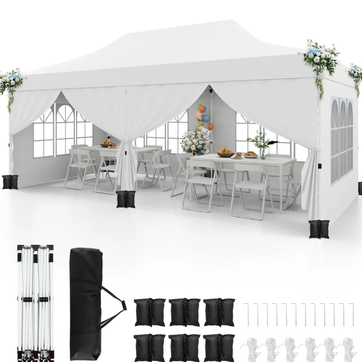 3 x 6m Pavillon Faltpavillon mit 6 Abnehmbaren Seitenwänden Höhenverstellbarer Partyzelt Weiß