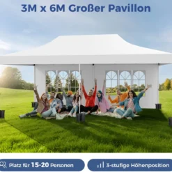 3 x 6m Pavillon Faltpavillon mit 6 Abnehmbaren Seitenwänden Höhenverstellbarer Partyzelt Weiß