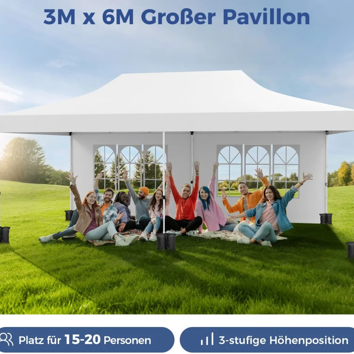3 x 6m Pavillon Faltpavillon mit 6 Abnehmbaren Seitenwänden Höhenverstellbarer Partyzelt Weiß
