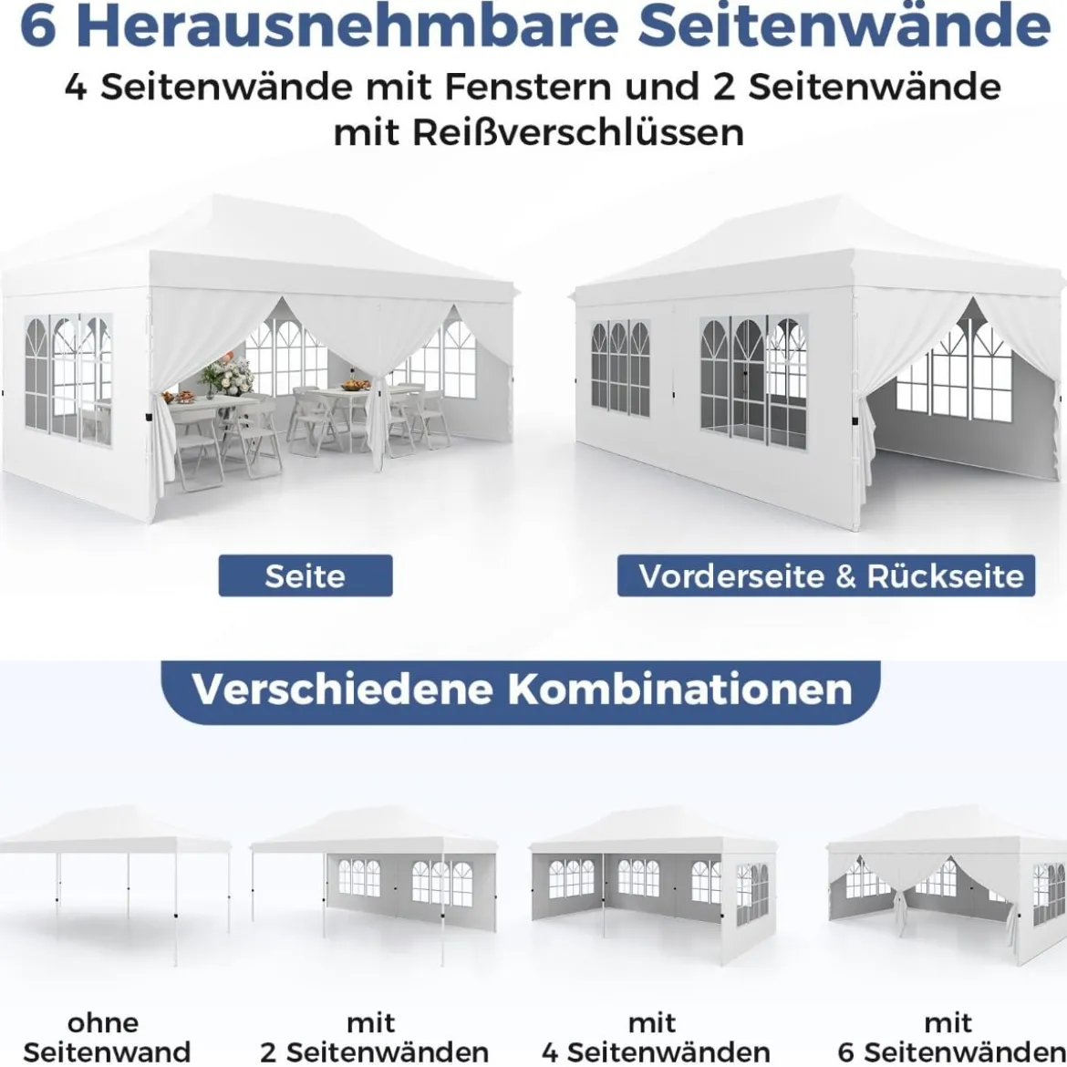 3 x 6m Pavillon Faltpavillon mit 6 Abnehmbaren Seitenwänden Höhenverstellbarer Partyzelt Weiß