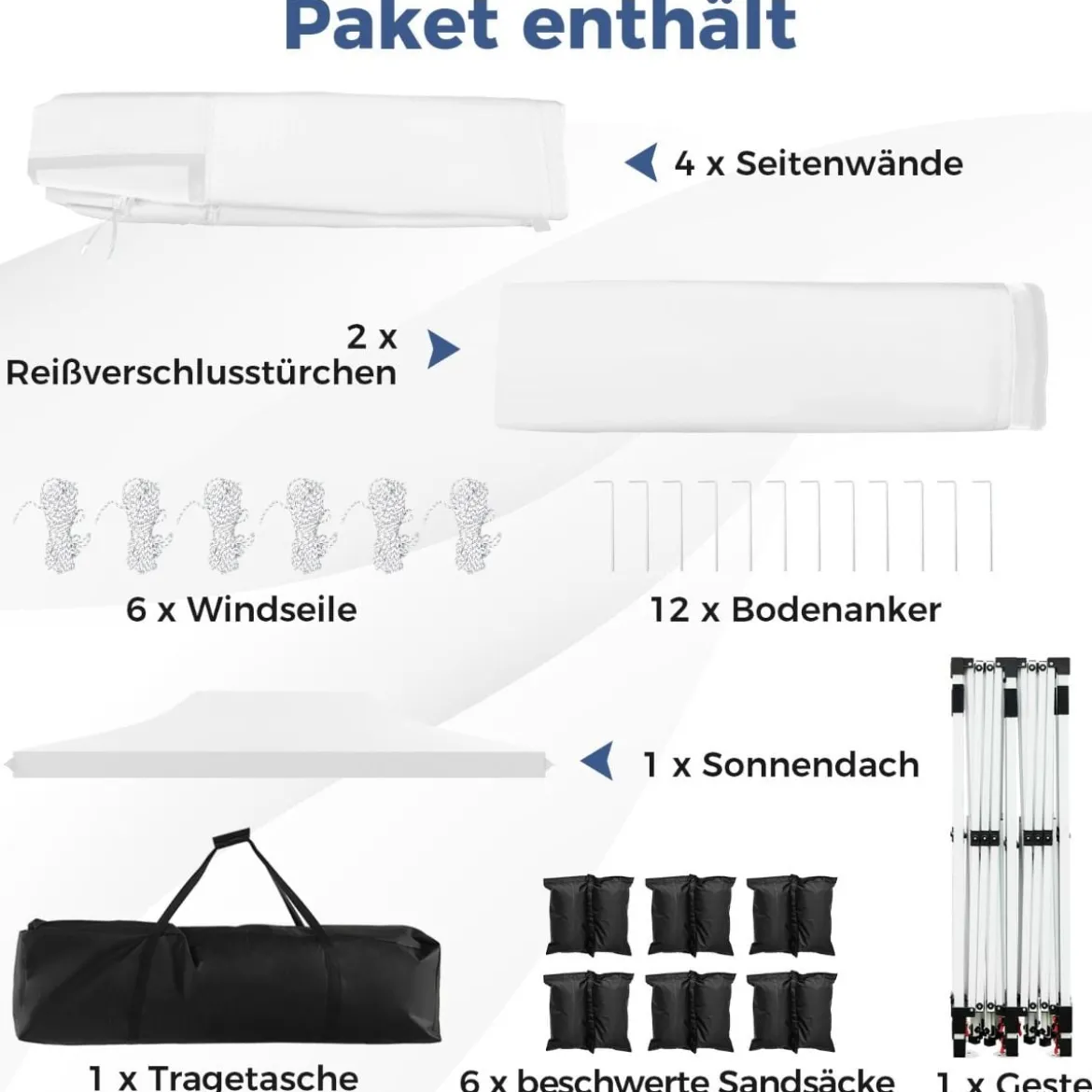 3 x 6m Pavillon Faltpavillon mit 6 Abnehmbaren Seitenwänden Höhenverstellbarer Partyzelt Weiß