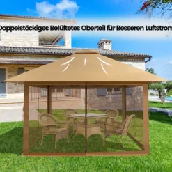 4 x 4 m Pavillon Gartenpavillon mit Netzseitenwänden UV-Schutz 50+ Khaki