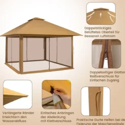 4 x 4 m Pavillon Gartenpavillon mit Netzseitenwänden UV-Schutz 50+ Khaki