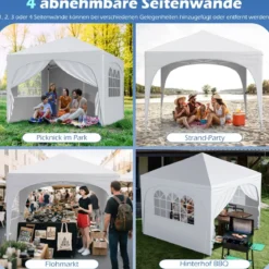 3 x 3 M Pavillon mit 4 Abnehmbaren Seitenwänden Gartenzelt inkl. Rolltasche 8 Heringe 4 Anker Weiß