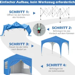 3 x 3 M Pavillon mit 4 abnehmbaren Seitenwänden Gartenzelt inkl. Rolltasche 8 Heringe 4 Anker Blau