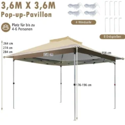 3,6 x 3,6m Pavillon mit Doppeldach wasserdicht stabil Winterfest UV-Schutz 50+
