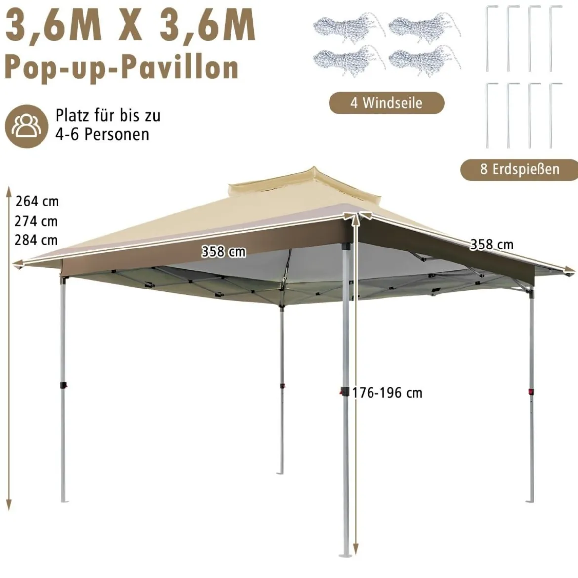 3,6 x 3,6m Pavillon mit Doppeldach wasserdicht stabil Winterfest UV-Schutz 50+