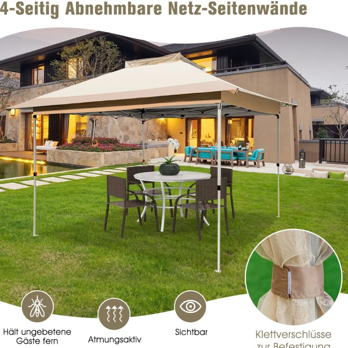 3,6 x 3,6m Pavillon mit Doppeldach wasserdicht stabil Winterfest UV-Schutz 50+