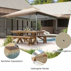 3,6 x 3,6m Pavillon mit Doppeldach wasserdicht stabil Winterfest UV-Schutz 50+