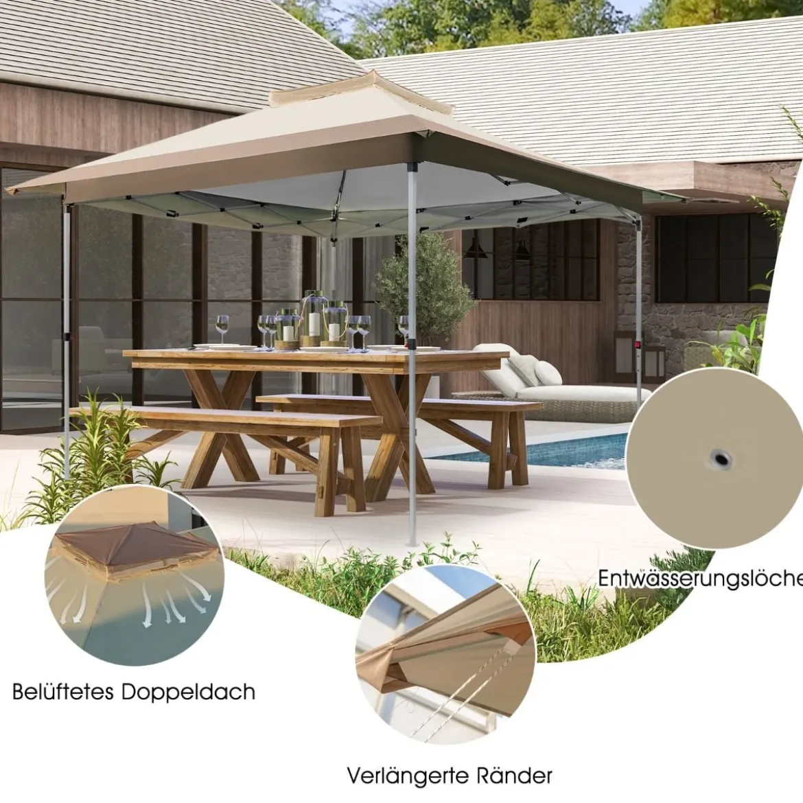 3,6 x 3,6m Pavillon mit Doppeldach wasserdicht stabil Winterfest UV-Schutz 50+