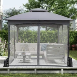 3 x 3 m Pavillon mit Moskitonetz 4 Sandsäcken & Doppeldach wasserdicht stabil winterfest Gartenpavillon für Terrasse Grau