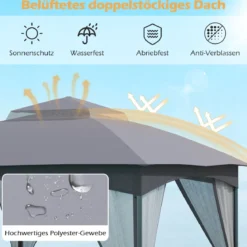3 x 3 m Pavillon mit Moskitonetz 4 Sandsäcken & Doppeldach wasserdicht stabil winterfest Gartenpavillon für Terrasse Grau