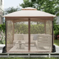 3 x 3 m Pavillon mit Moskitonetz & 4 Sandsäcken & Doppeldach Wasserdicht Gartenpavillon Khaki