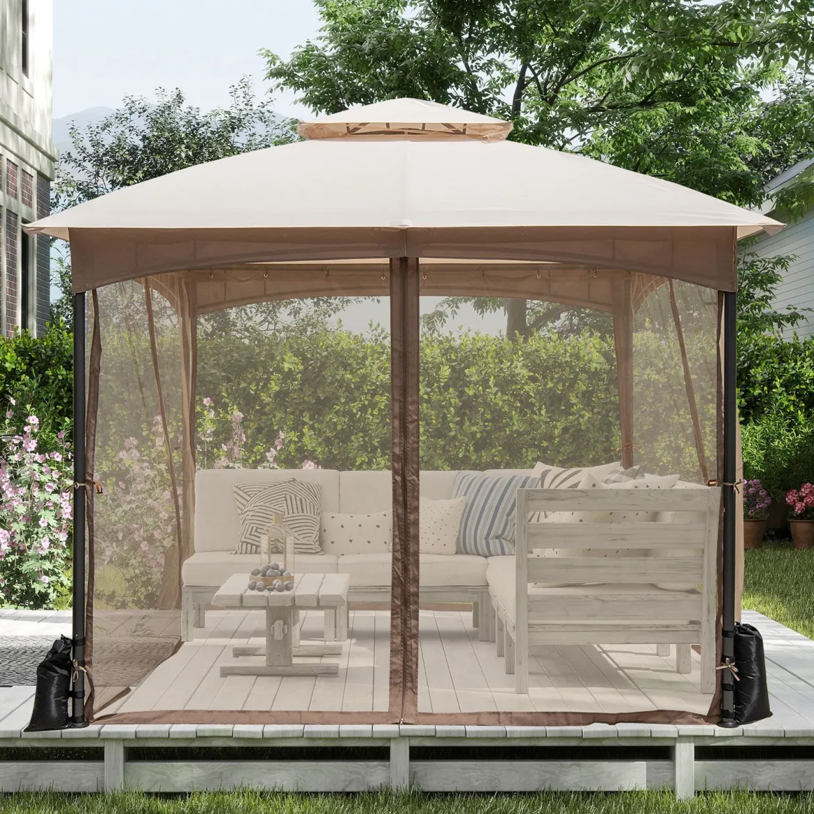 3 x 3 m Pavillon mit Moskitonetz & 4 Sandsäcken & Doppeldach Wasserdicht Gartenpavillon Khaki
