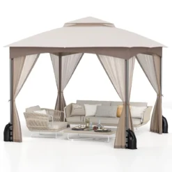 3 x 3 m Pavillon mit Moskitonetz & 4 Sandsäcken & Doppeldach Wasserdicht Gartenpavillon Khaki