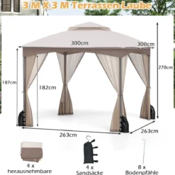 3 x 3 m Pavillon mit Moskitonetz & 4 Sandsäcken & Doppeldach Wasserdicht Gartenpavillon Khaki